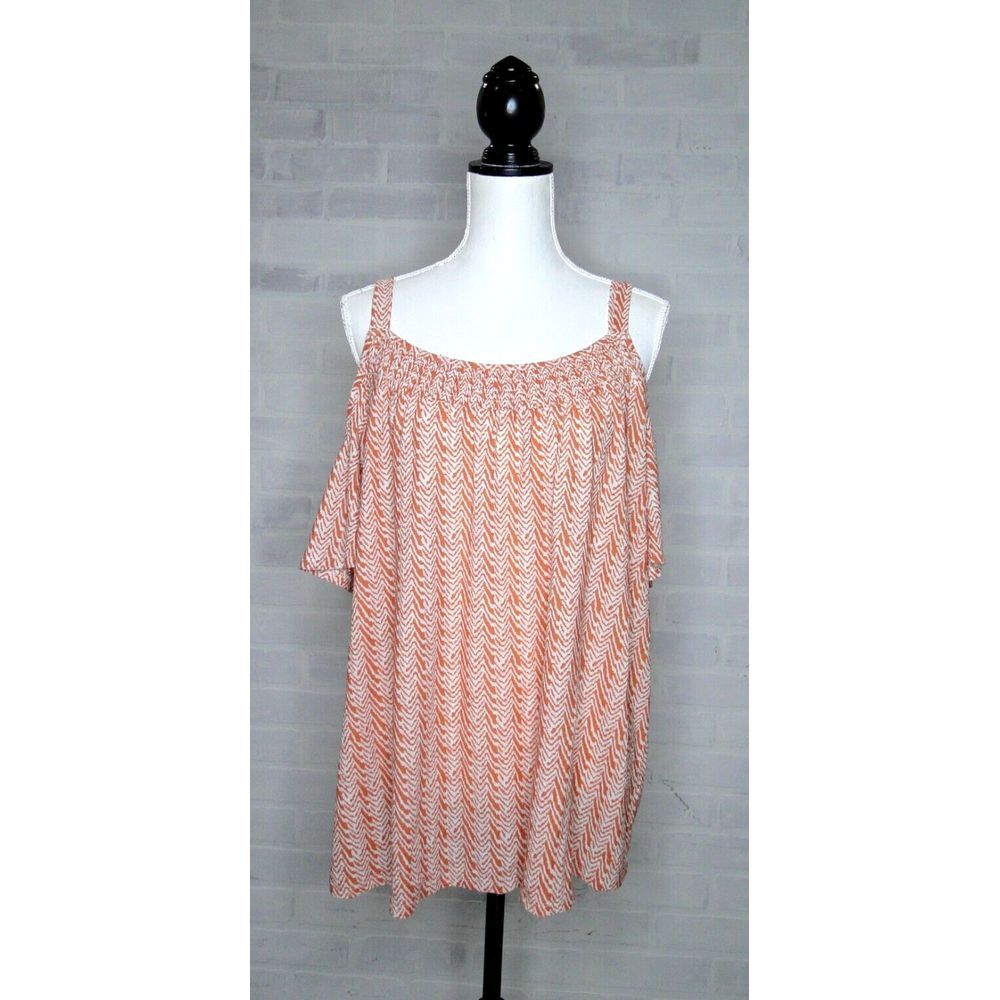 AUW Women's Orange and‎ white cold shoulder top 2X
